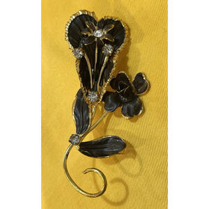 Vintage Gold Tone Black Enamel Rhinestone Flower Brooch Pin Mourning Goth